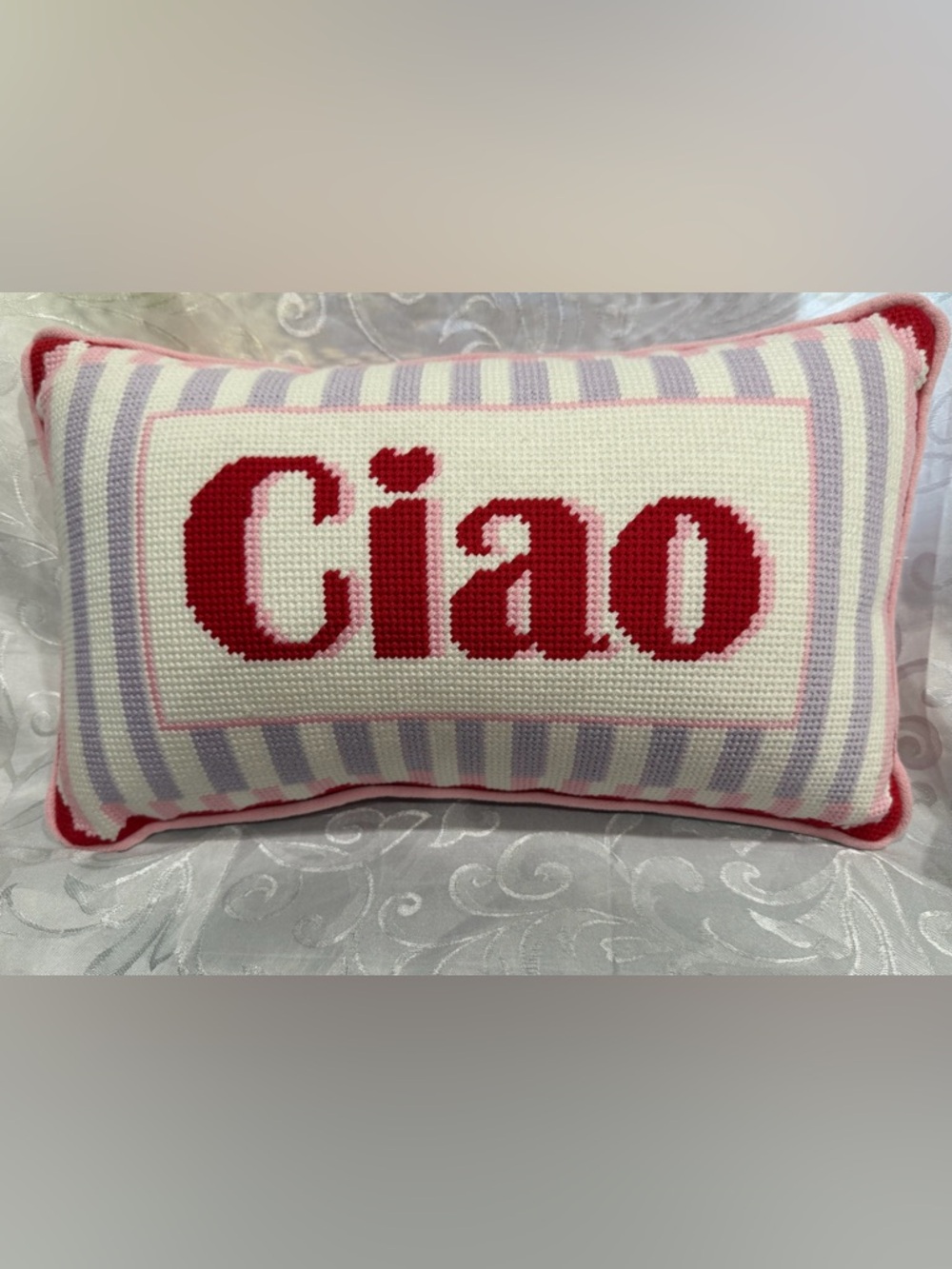 Handmade 'Ciao' Needlepoint Pillow - Red, Pink, Gray, Cream New